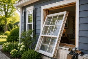 Old window removed from a Chicago-area home during a replacement window installation, with the opening exposed and ready for preparation.