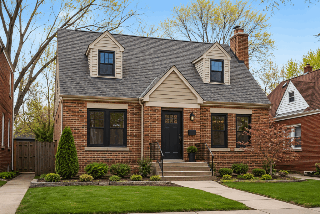 Medium-sized Chicago brick home with updated black windows and beige siding accents.