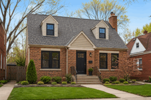 Medium-sized Chicago brick home with updated black windows and beige siding accents.