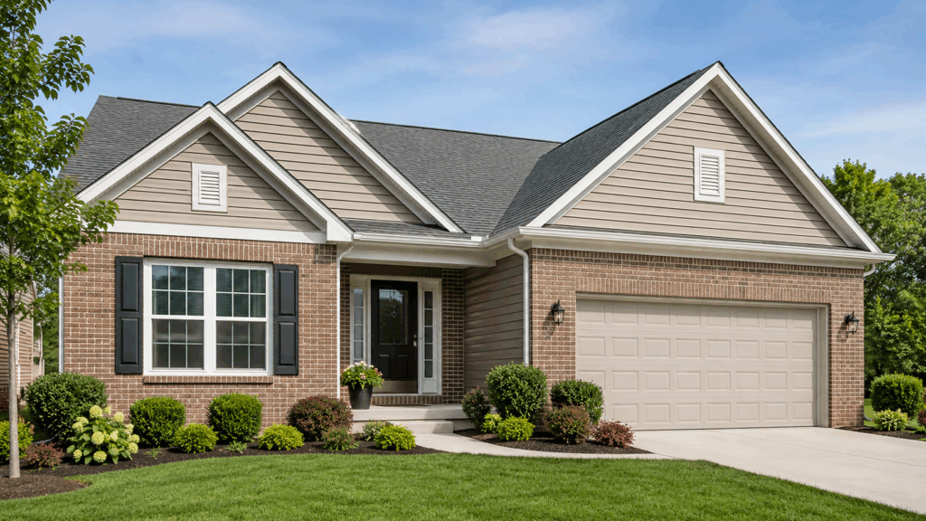 Brick suburban home with beige siding accents and white trim.
