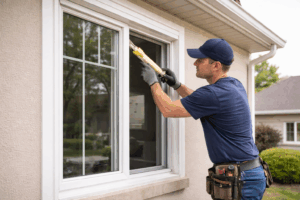 Professional installer sealing a replacement window for proper fit