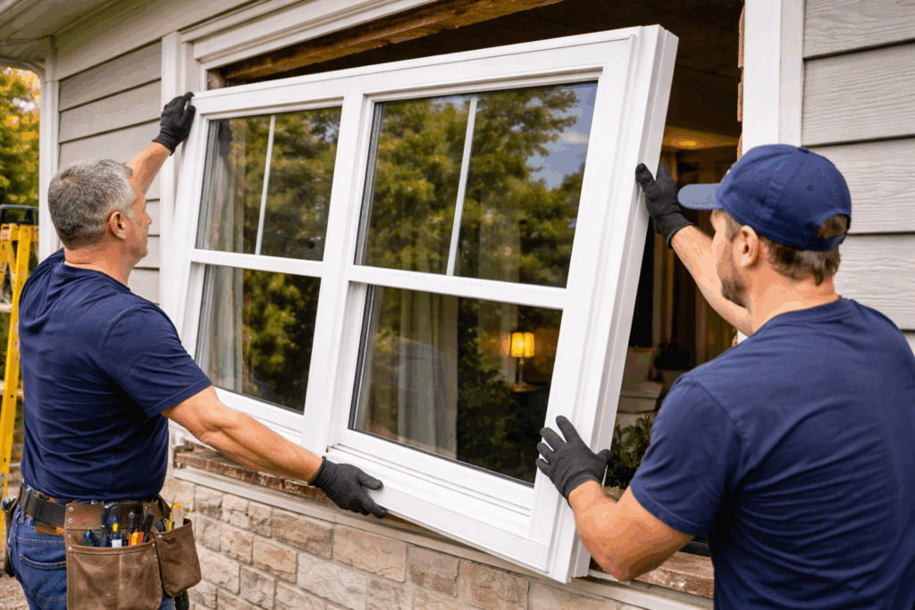 Professional installers fitting a new double-pane replacement window into a Chicago suburban home exterior.