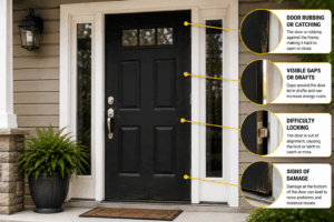 Black front entry door showing common problems including rubbing against the frame, visible gaps and drafts, lock misalignment, and damage along the bottom edge.