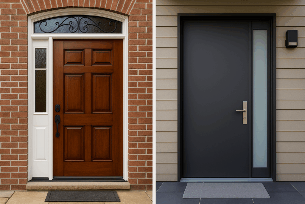 Side-by-side entry doors: a traditional wood door with decorative glass on a historic-style home next to a sleek modern black door with glass panel by Midwest Windows, Siding & Doors