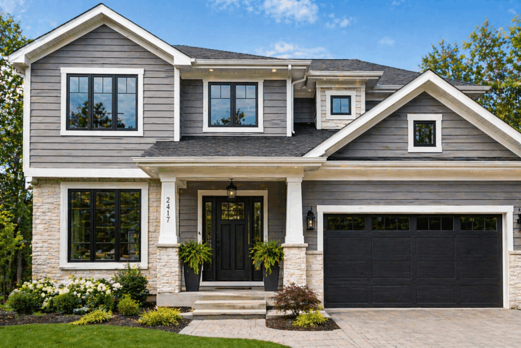 Modern Chicago suburban home exterior with new windows, updated siding, and a stylish entry door enhancing curb appeal and property value.