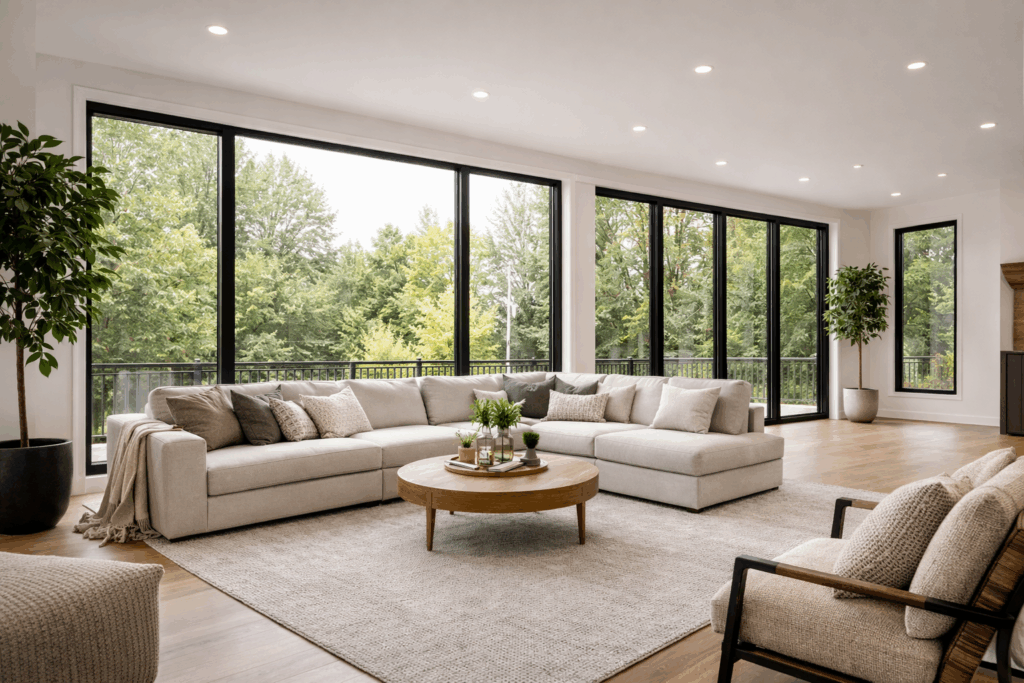 Bright open-concept living room with large windows and natural light
