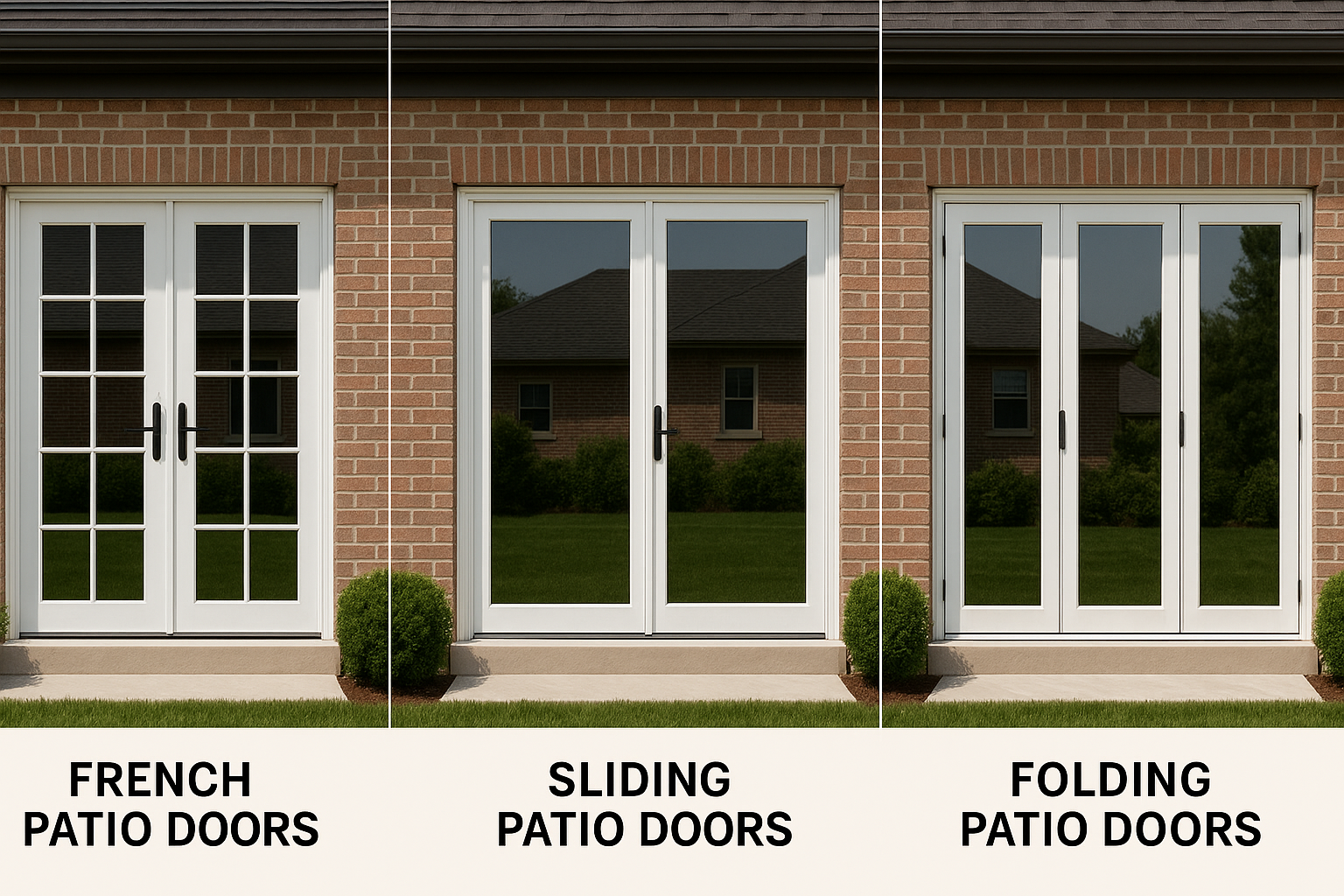Side-by-side comparison of French, sliding, and folding patio doors on a Chicago suburban brick home by Midwest WIndows, Siding & Doors