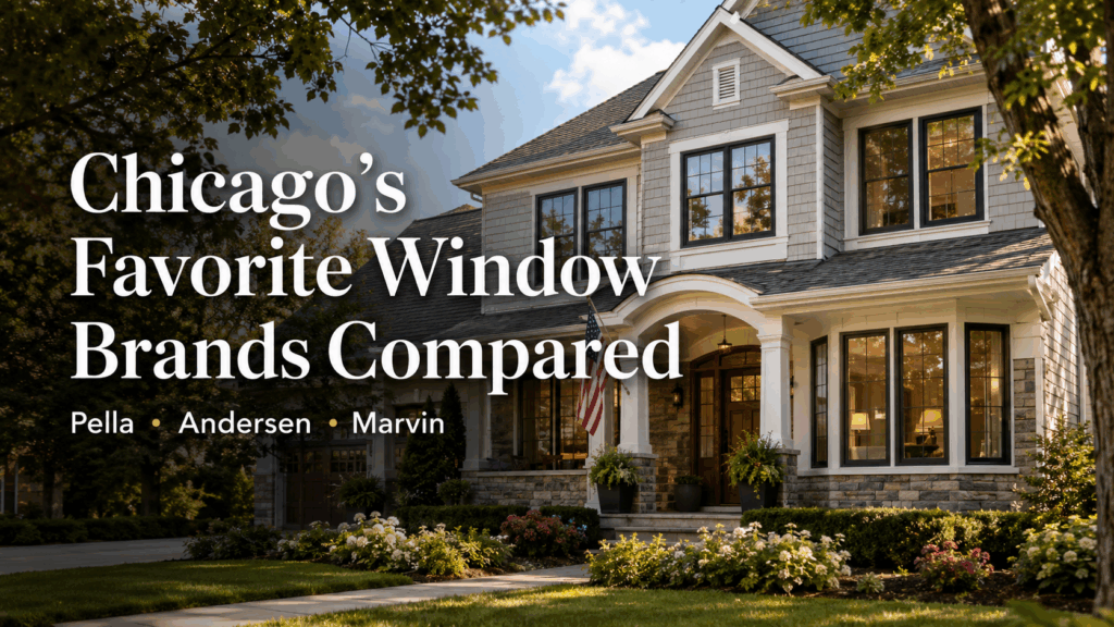 Suburban Chicago home with updated black-framed replacement windows, landscaped front yard, and text comparing Pella, Andersen, and Marvin window brands.