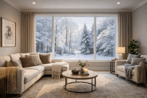 Large picture window bringing natural light into a Midwest living room during winter.