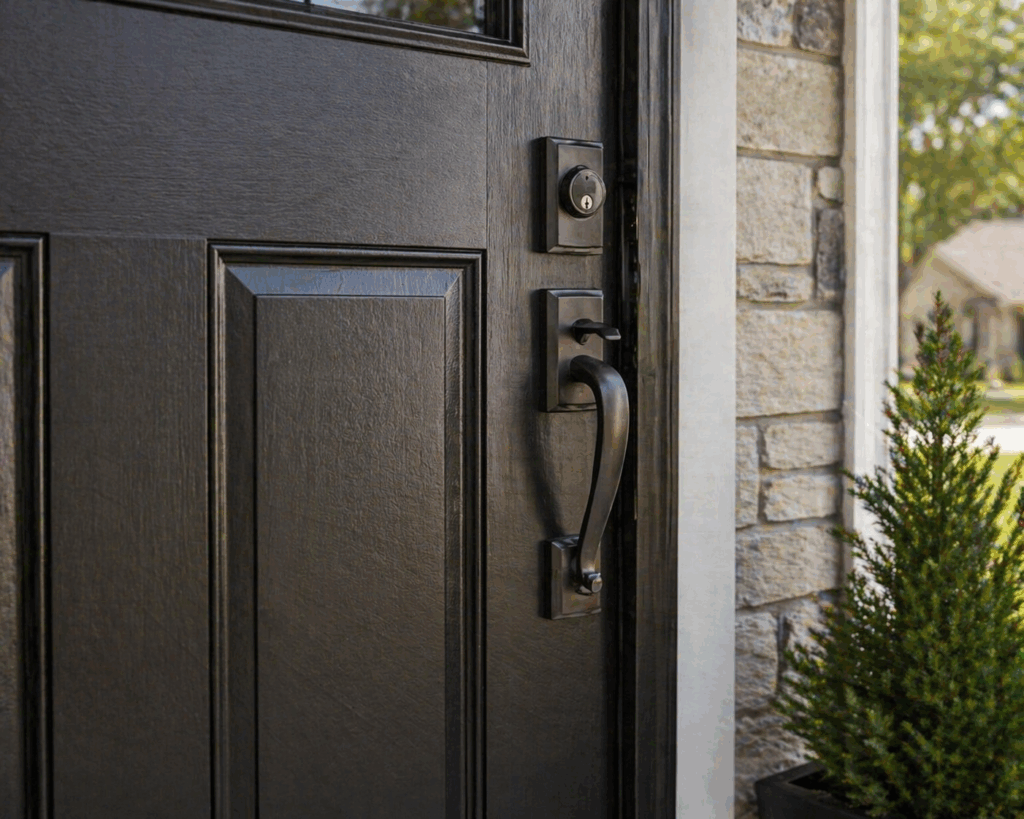 Close-up of a steel entry door with a modern handle and deadbolt lock, highlighting secure hardware and durable exterior design.