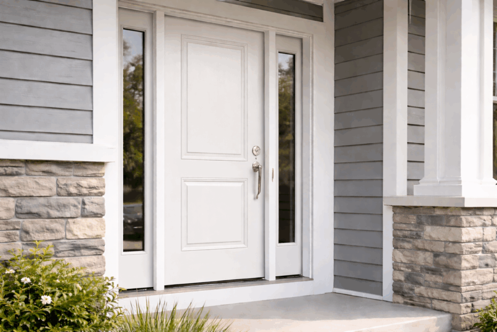 White front entry door with sidelights on a gray Chicago suburban home exterior with stone veneer and white trim.