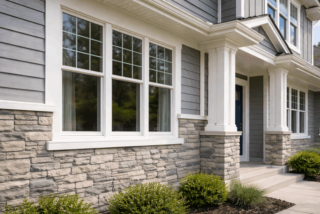 Close-up of modern gray vinyl siding with white trim and stone veneer on a Chicago suburban home exterior with large replacement windows.