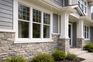 Close-up of modern gray vinyl siding with white trim and stone veneer on a Chicago suburban home exterior with large replacement windows.