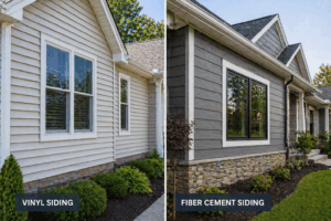 Side-by-side comparison of vinyl siding and fiber cement siding on suburban homes, highlighting differences in texture, color, and exterior durability.