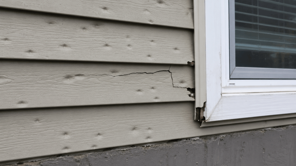 Cracked siding with hail dents and damaged trim near a window.