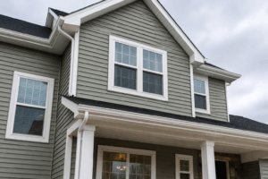 Modern Chicagoland home with gray siding and white trim.