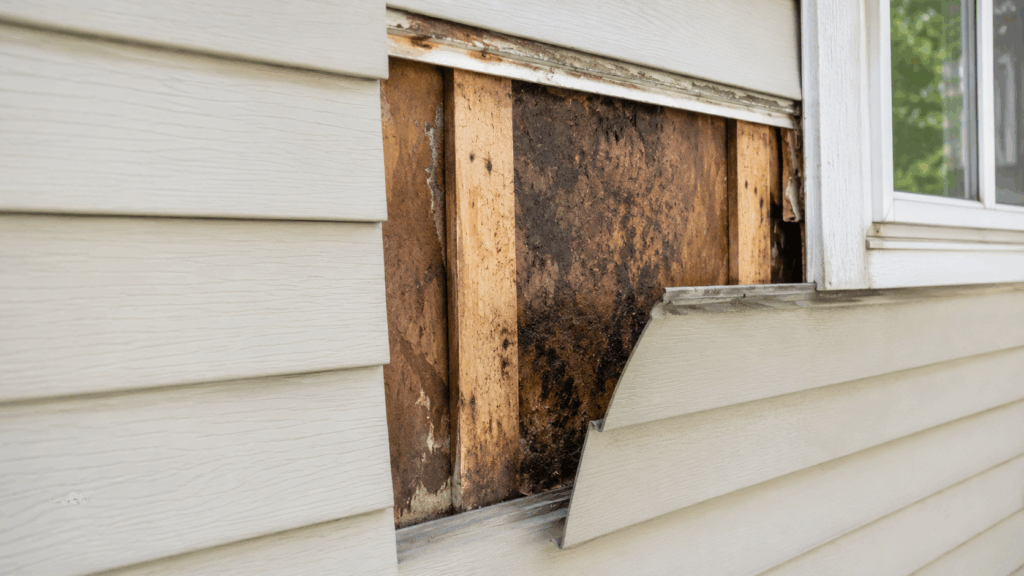 Hidden water damage exposed behind vinyl siding near a window.