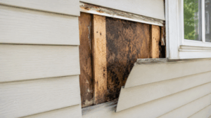 Hidden water damage exposed behind vinyl siding near a window.
