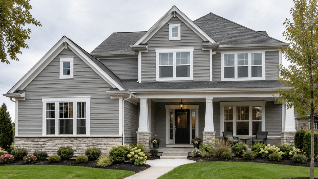 Chicago suburban home with gray siding, white trim, landscaped front yard, and updated exterior curb appeal.