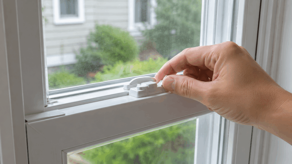Close-up of a hand adjusting the lock on a white double-hung window.