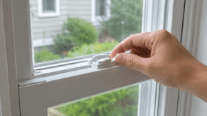 Close-up of a hand adjusting the lock on a white double-hung window.