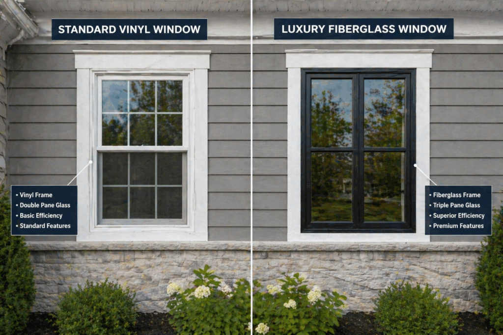 Side-by-side comparison of standard vinyl and luxury fiberglass windows on a home exterior, highlighting differences in frame material and glass performance.