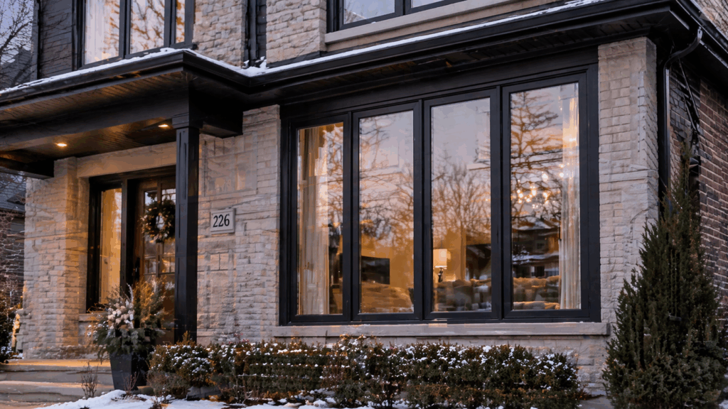 Close-up of modern black-framed replacement windows on a Chicago suburban home in winter, showing warm interior lighting and energy-efficient glass.