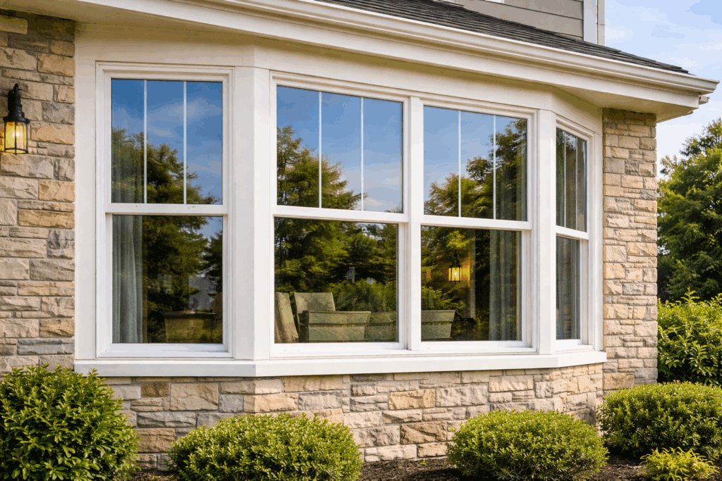 Close-up of energy-efficient vinyl replacement windows on a Chicago suburban home exterior.
