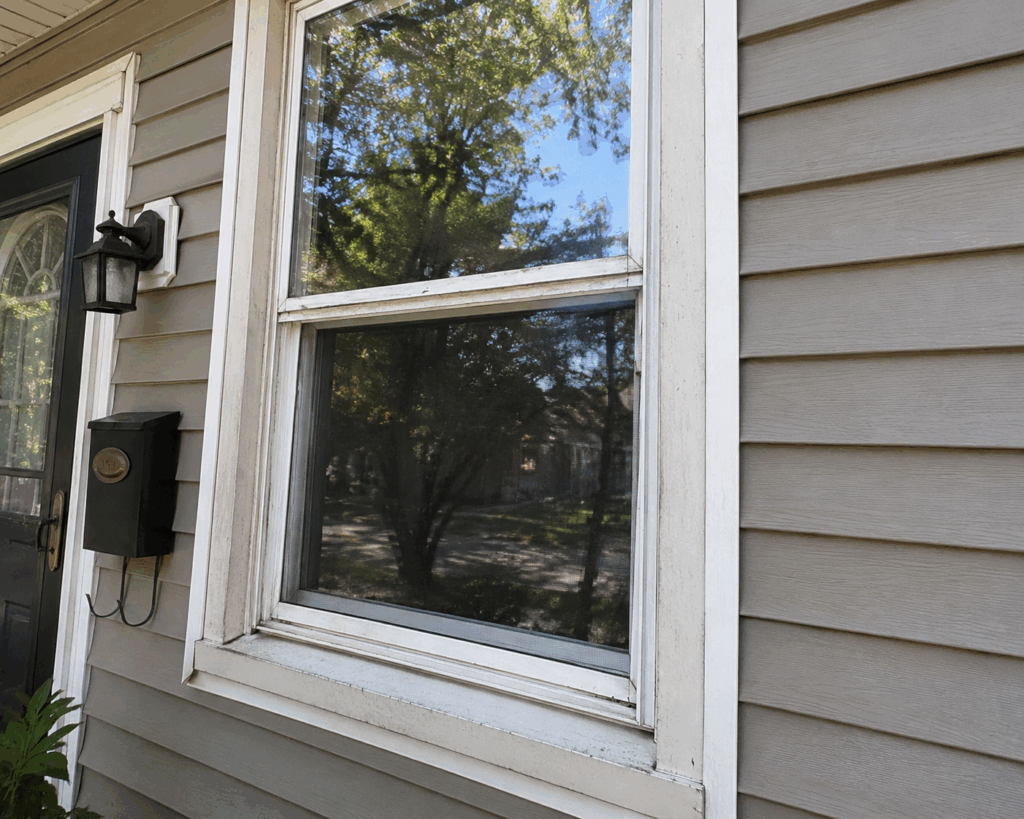 Close-up of an older drafty window with white trim, beige siding, and a black front door on a Chicago residential home.
