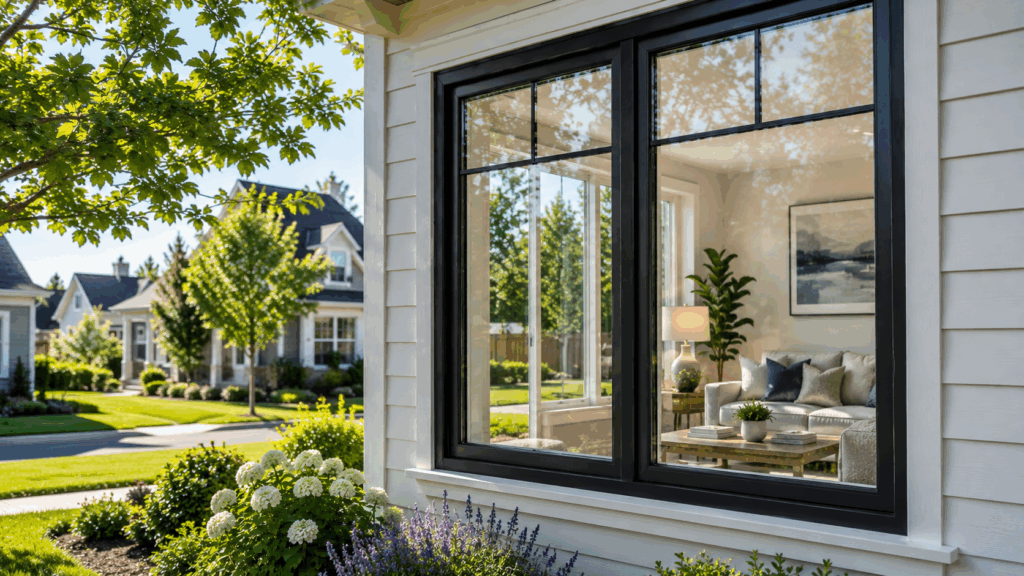 Premium triple-pane replacement window on a modern Chicago suburban home during spring with bright natural light and energy-efficient glass design.