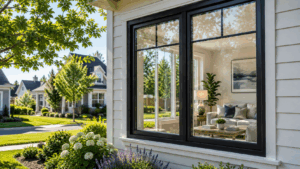 Premium triple-pane replacement window on a modern Chicago suburban home during spring with bright natural light and energy-efficient glass design.