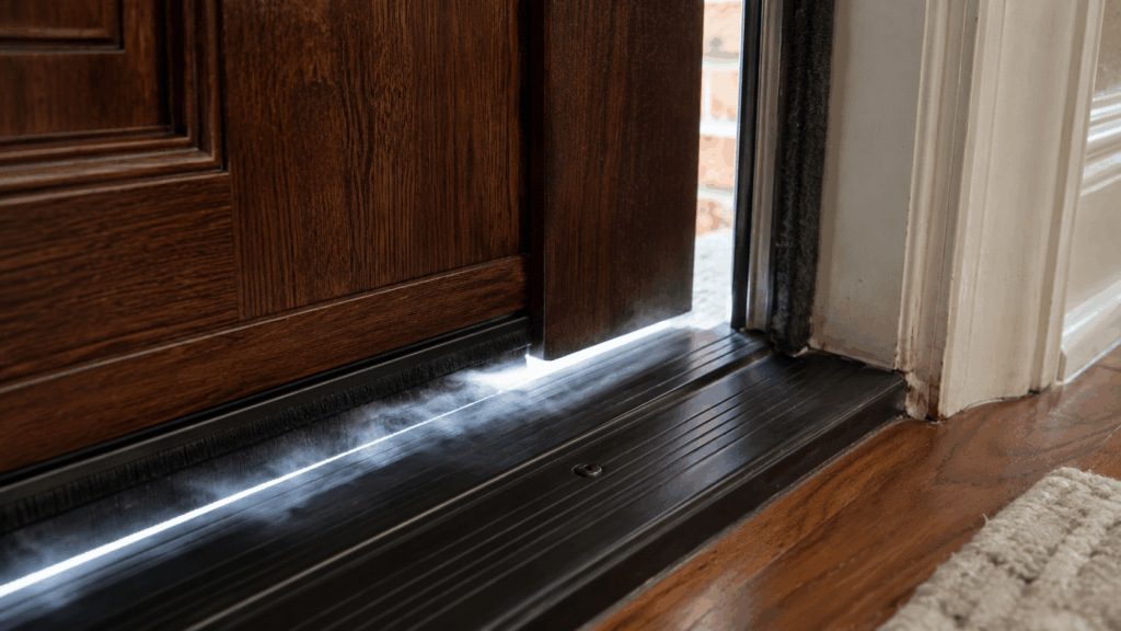 Front door threshold with a visible draft gap letting in cold air.