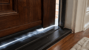 Front door threshold with a visible draft gap letting in cold air.