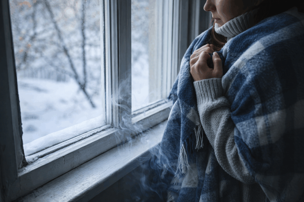 Cold draft coming through an old window during winter