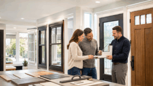 Window and door showroom consultation with homeowners reviewing design samples.
