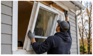 Existing window being removed during full-frame replacement.