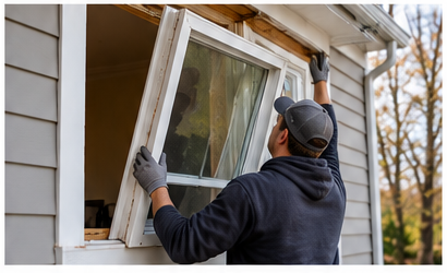 Existing window being removed during full-frame replacement.