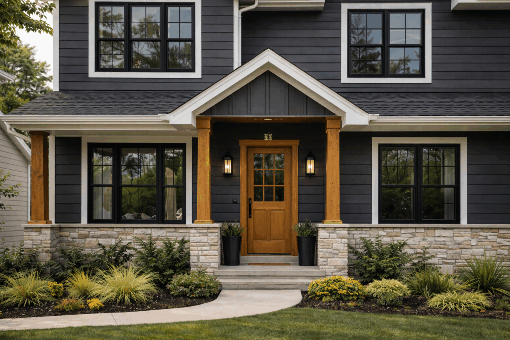 Close-up of dark charcoal siding with wood front door and black-trim windows on Chicago suburban home.