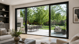 Contemporary Chicago-area living room with oversized black-framed glass patio doors opening to a bright outdoor patio and landscaped backyard.