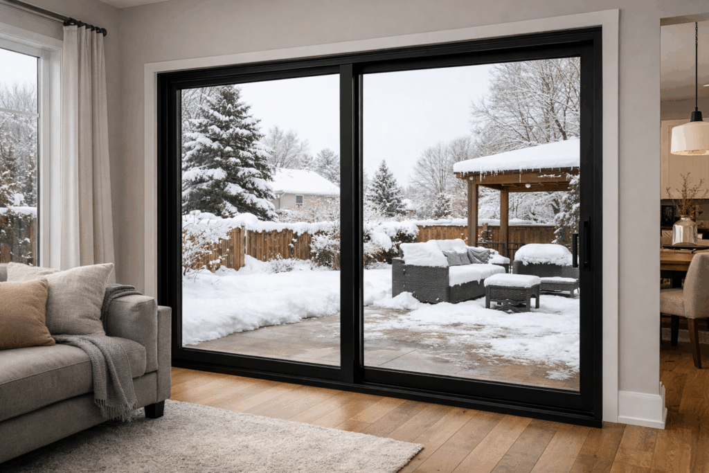 Modern black sliding patio door overlooking a snow-covered Chicago backyard from a bright contemporary living room.