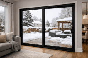 Modern black sliding patio door overlooking a snow-covered Chicago backyard from a bright contemporary living room.