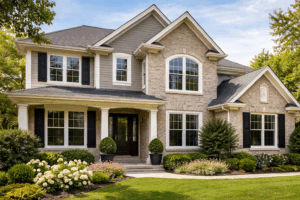 Energy-efficient replacement windows installed on a Chicago-area suburban home with brick and siding exterior.