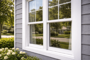 Close-up of new white vinyl replacement window on gray siding with a quiet suburban street visible through the glass reflection.