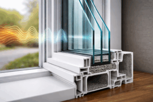 Cross-section of triple-pane replacement window with insulated glass layers and sound waves diminishing as they pass through, illustrating noise reduction technology.