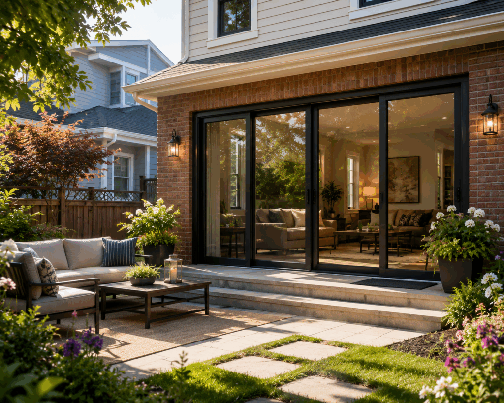 Residential home with a modern sliding patio door and outdoor living space. by Midwest Windows, Siding & Doors