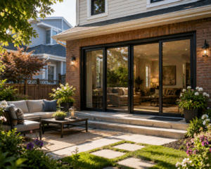 Residential home with a modern sliding patio door and outdoor living space. by Midwest Windows, Siding & Doors