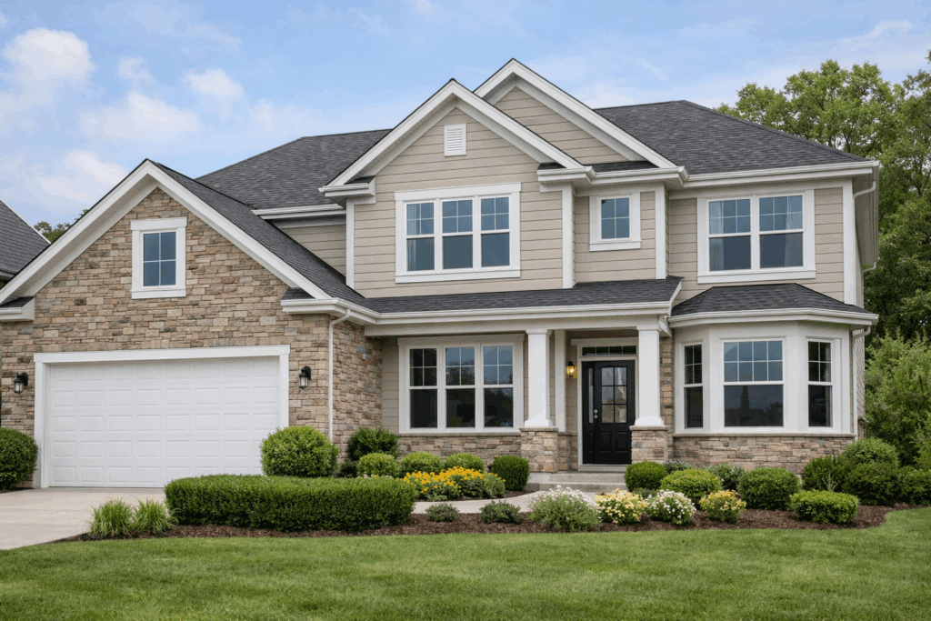 Replacement windows installed on a Schaumburg, Illinois suburban home with stone and siding exterior by Midwest Windows, Siding & Doors
