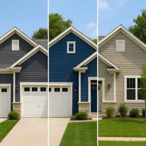 Three suburban homes in Schaumburg, Illinois, shown side by side, each featuring different siding colors—charcoal gray, navy blue, and warm greige by Midwest Windows, Siding & Doors