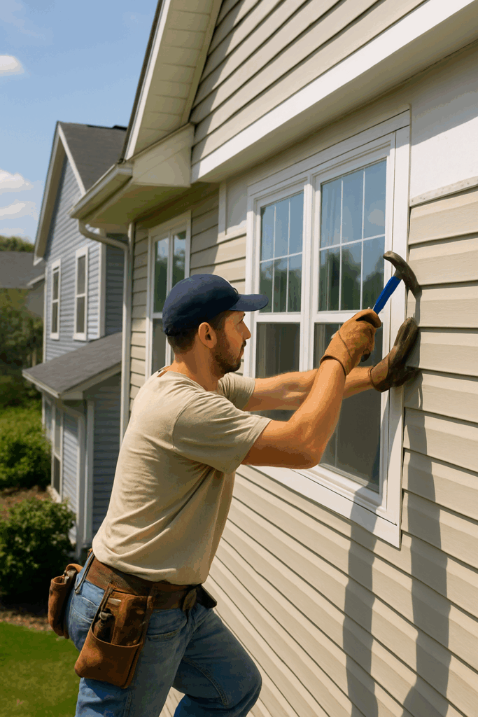 Worker installing beige vinyl siding on a suburban two-story home, using a hammer while standing on a ladder near white-framed windows by Midwest Windows, Siding & Doors