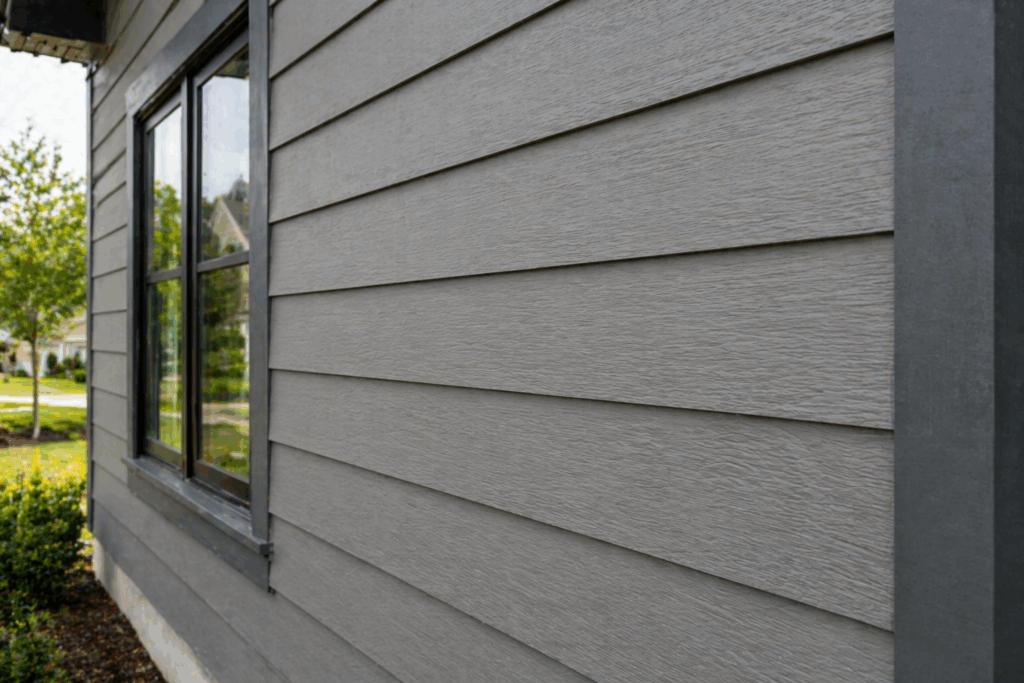 Close-up of durable fiber cement siding on a modern home exterior with clean lines and weather-resistant finish.